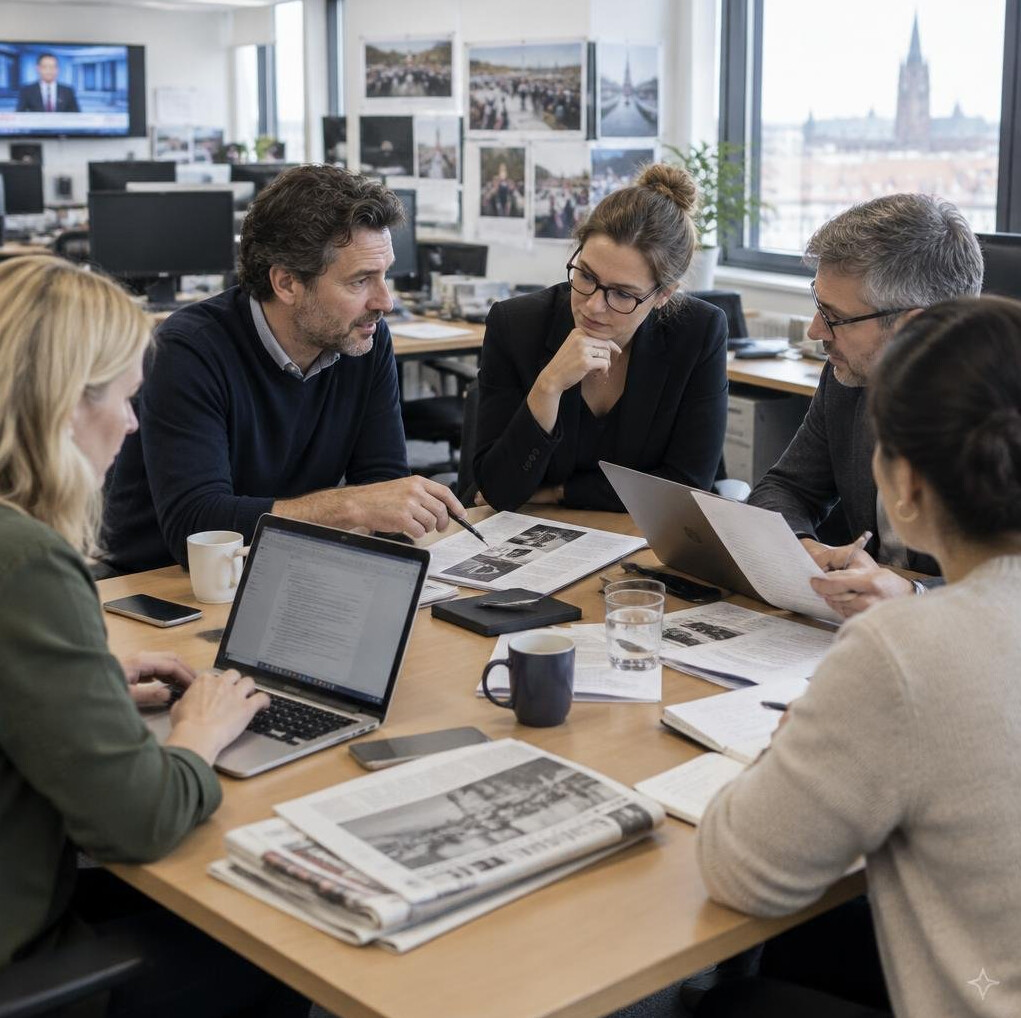 Équipe de rédaction réunie autour d'une table de travail