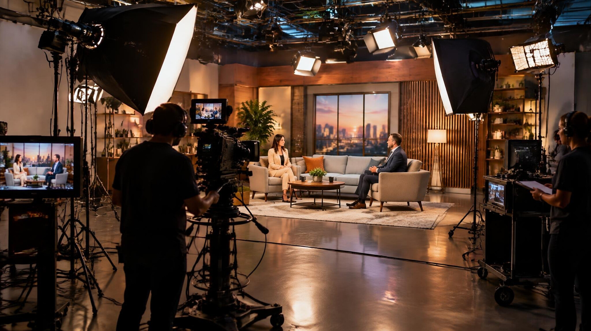 Projecteurs et matériel d'éclairage dans un studio de télévision